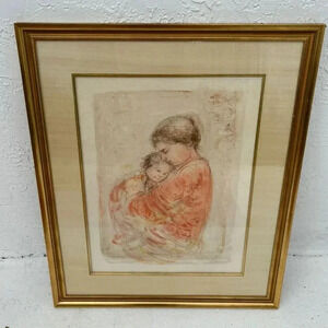 Edna Hibel Lithograph Limited Woman Child Light Brown Size 31 in x 25 in